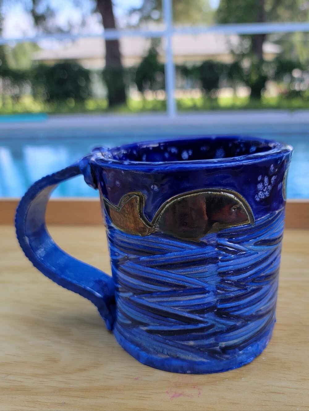 Large Handmade and Handpainted Blue Ceramic Whale Mug With Waves And Night Scene